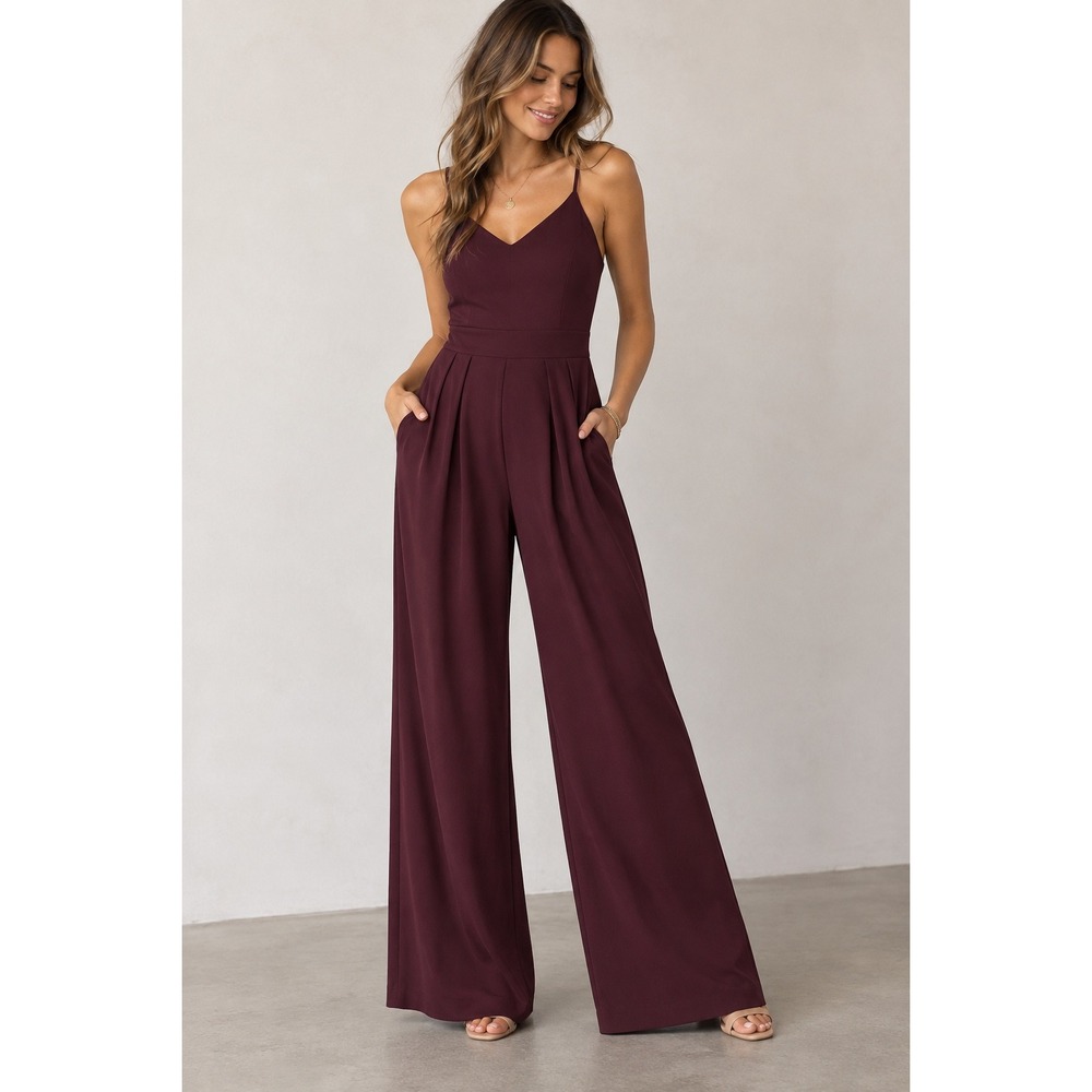 Halara Burgundy V Neck Wide Leg Cross Back Jumpsuit with Pockets Small Petite